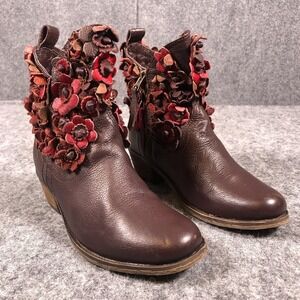 Sheridan Mia Booties Womens Size 6 Brown Leather Floral Ankle Boho‎ Block Heel